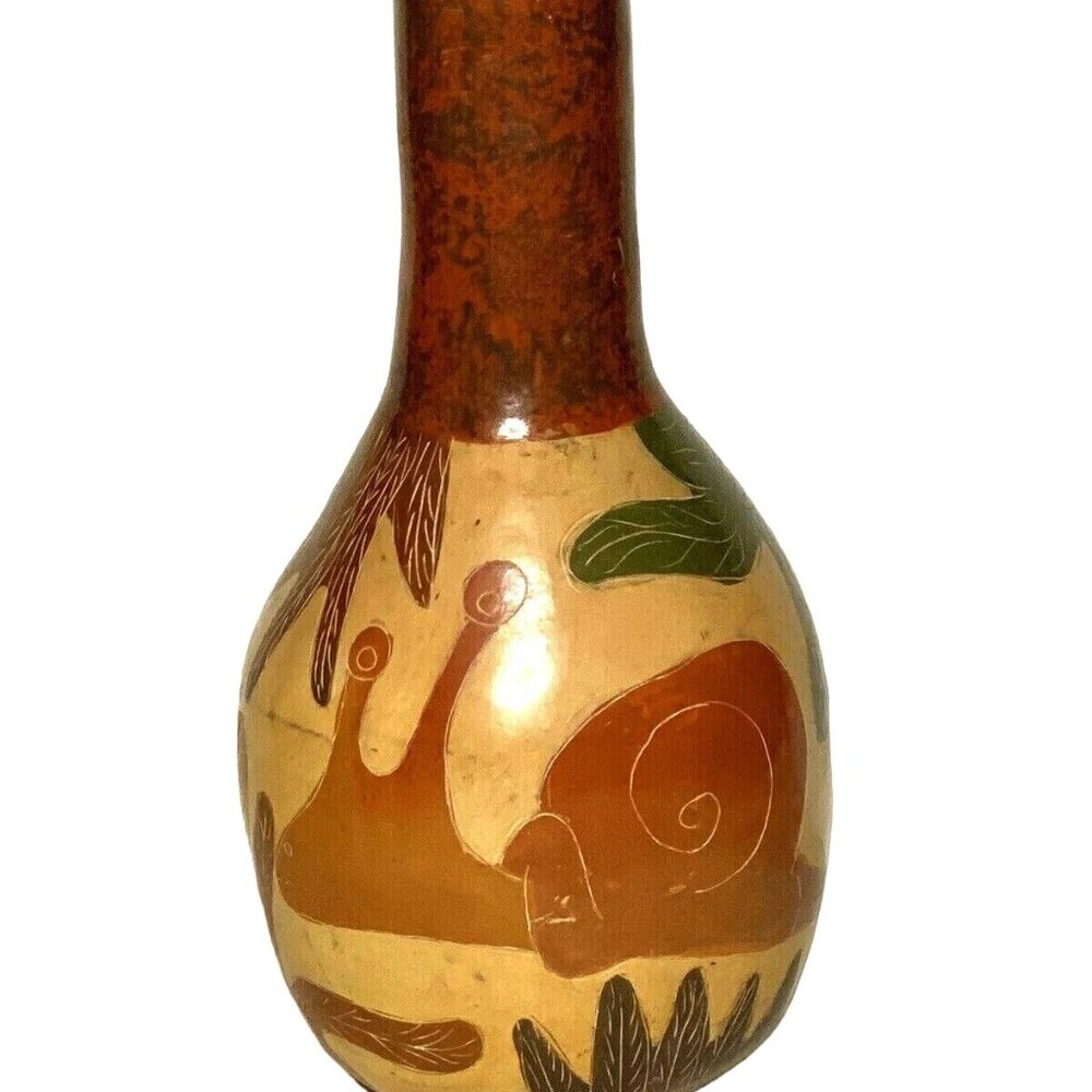 Unsigned primitive rustic brown tan rust decorative etched 9 inch pottery vase